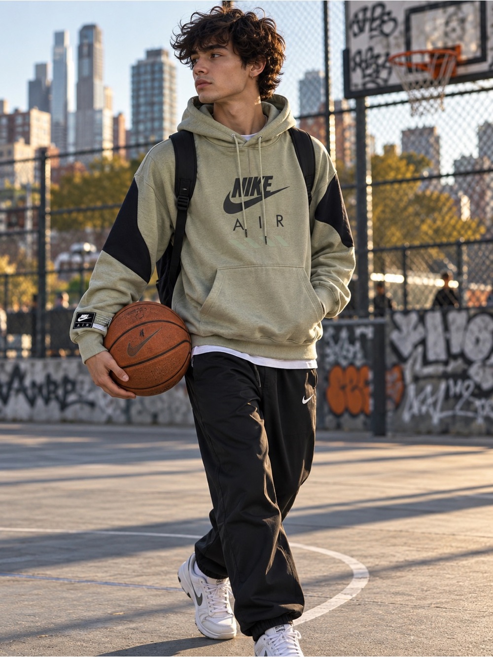 Nike Men's Hoodie Sweatshirt in Light Olive with Black Sleeve Panels